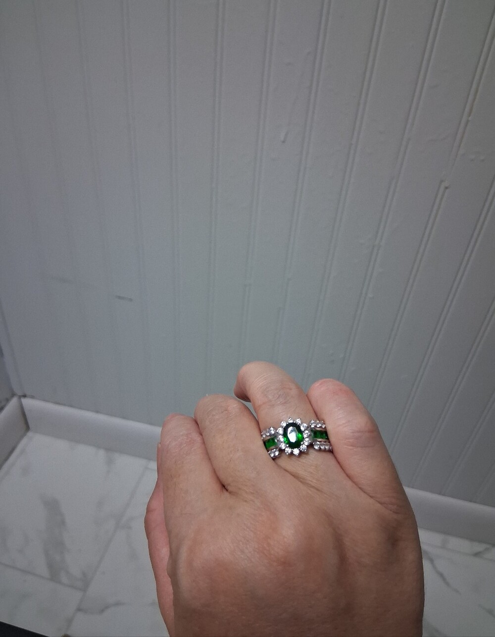 Silver Tone Ring MARKED Gold Filled 'GF' with Green Gemstones